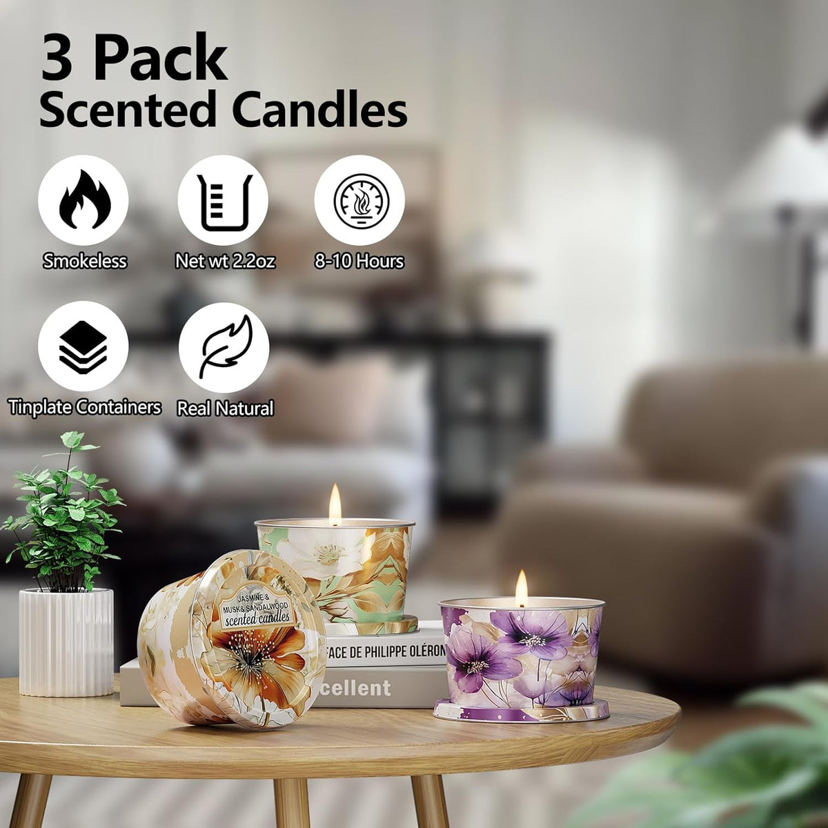Duftkerze Scented Candles-Lavender & Thyme, Vanilla Cake, Jasmine & Musk & Sandalwood, 3 X 70G, Brenndauer Ca. 30 Stunden
