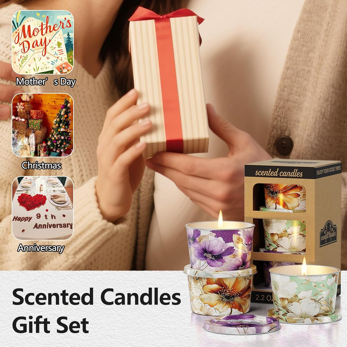 Duftkerze Scented Candles-Lavender & Thyme, Vanilla Cake, Jasmine & Musk & Sandalwood, 3 X 70G, Brenndauer Ca. 30 Stunden
