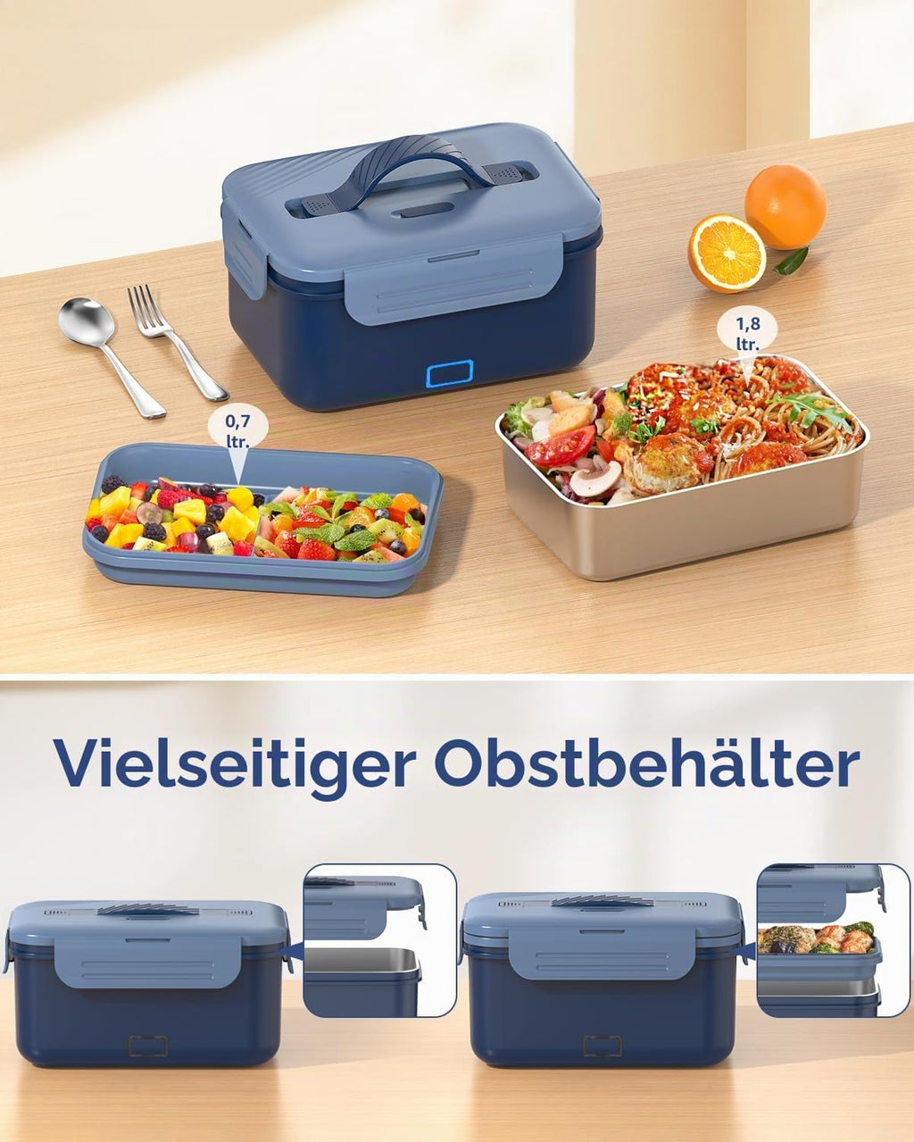1,8L Elektrische Lunchbox Kabellos, 8000Mah Wiederaufladbare Batterie Heated Lunch Box, 75W Schnellaufhezung & Warmhaltefunktion,Selbstaufwärmende Lebensmittelwärmer Für Auto,Lkw,Büro,Camping,Outdoor