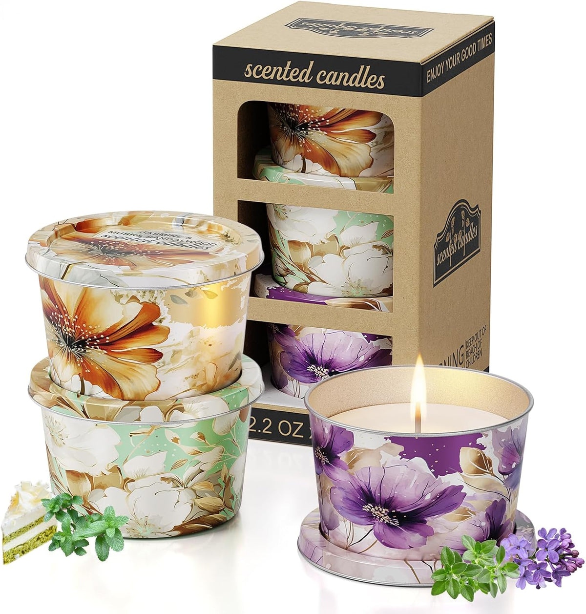 Duftkerze Scented Candles-Lavender & Thyme, Vanilla Cake, Jasmine & Musk & Sandalwood, 3 X 70G, Brenndauer Ca. 30 Stunden