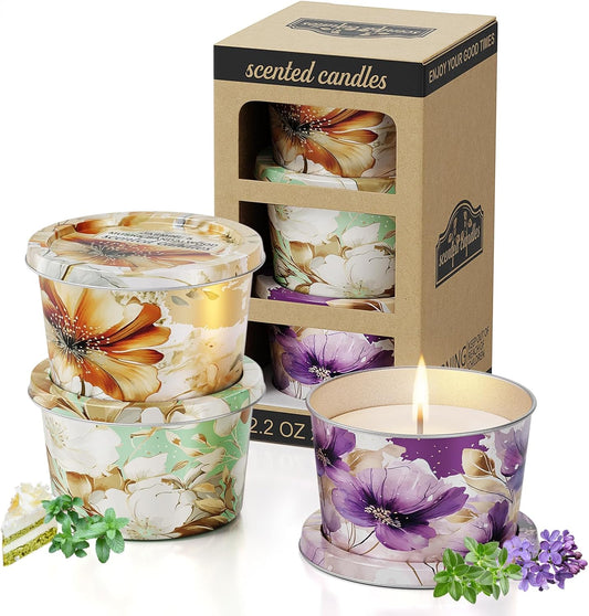 Duftkerze Scented Candles-Lavender & Thyme, Vanilla Cake, Jasmine & Musk & Sandalwood, 3 X 70G, Brenndauer Ca. 30 Stunden