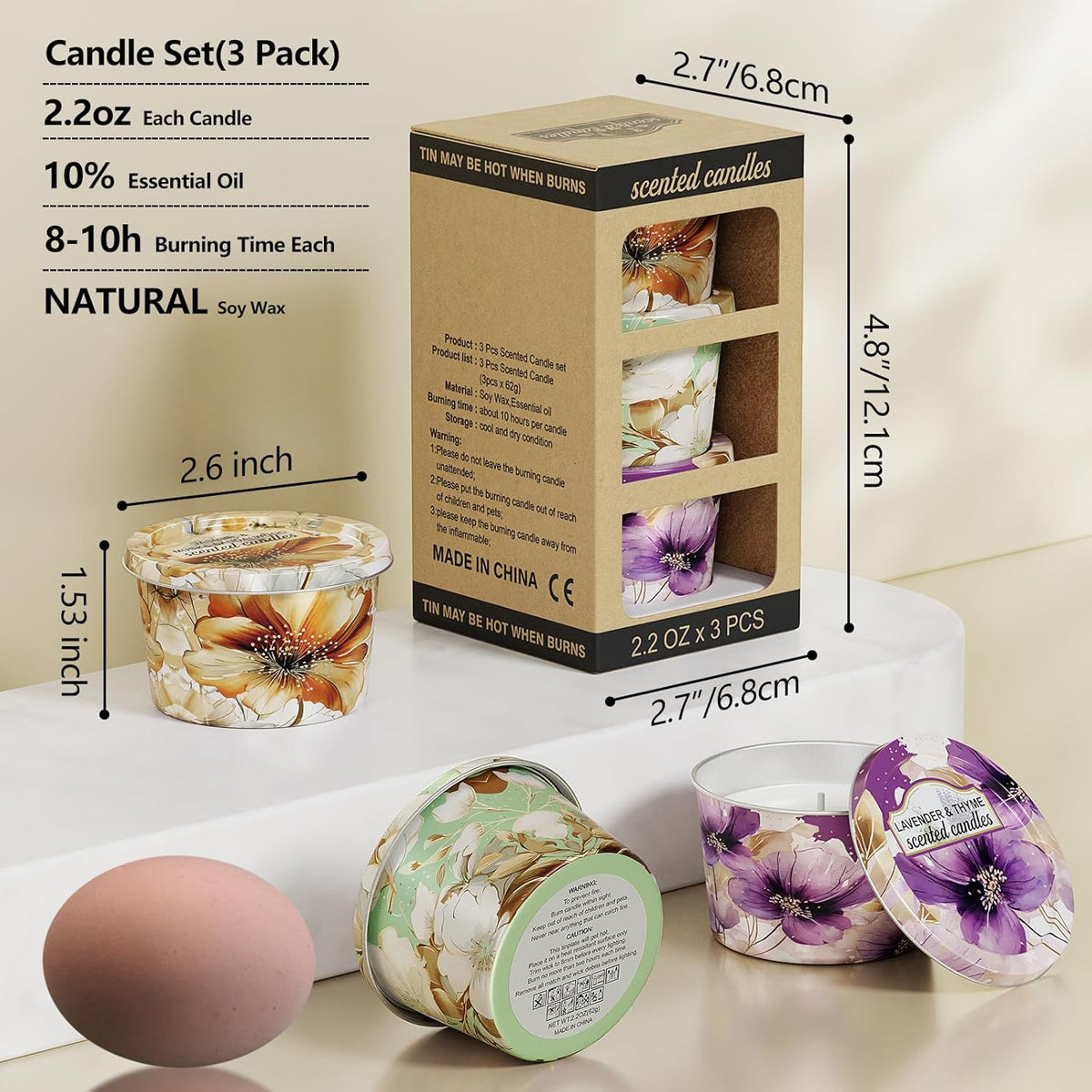 Duftkerze Scented Candles-Lavender & Thyme, Vanilla Cake, Jasmine & Musk & Sandalwood, 3 X 70G, Brenndauer Ca. 30 Stunden