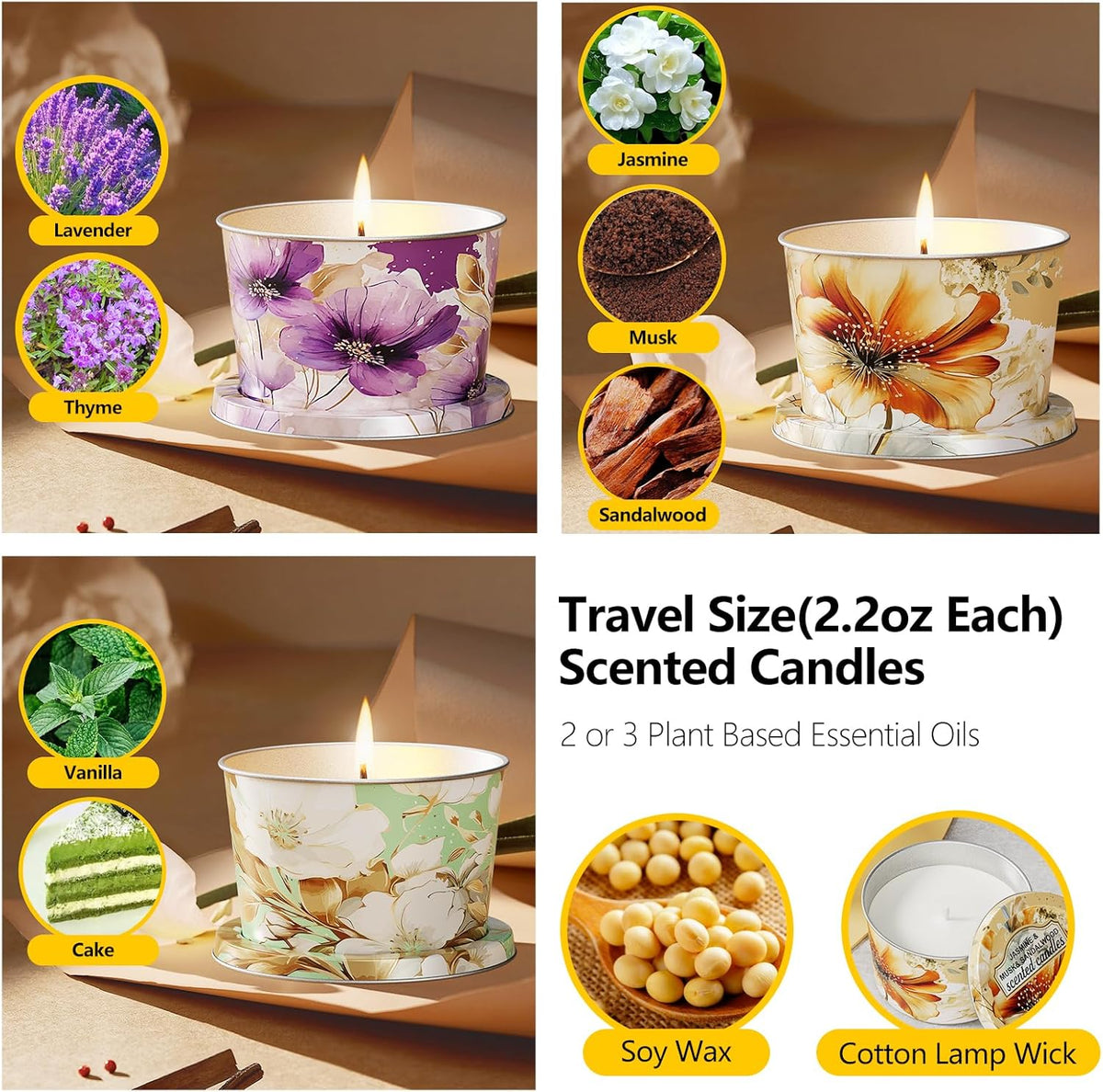 Duftkerze Scented Candles-Lavender & Thyme, Vanilla Cake, Jasmine & Musk & Sandalwood, 3 X 70G, Brenndauer Ca. 30 Stunden