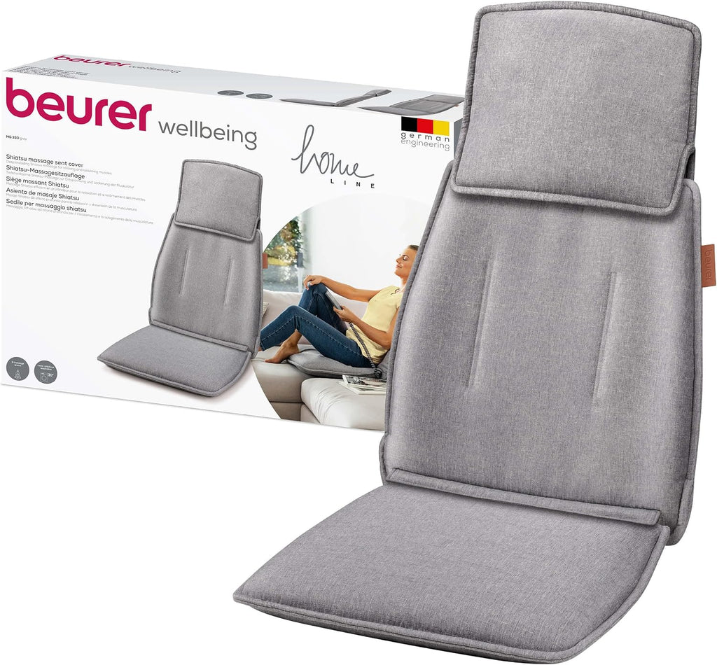 Beurer MG 330 Shiatsu-Massagesitzauflage, 3 Massagebereiche Und 2 Intensitäten, Tiefenwirksame Massage Für Nacken, Oberen Und Unteren Rücken, Handsimulierende Massage Im Nackenbereich, Grau