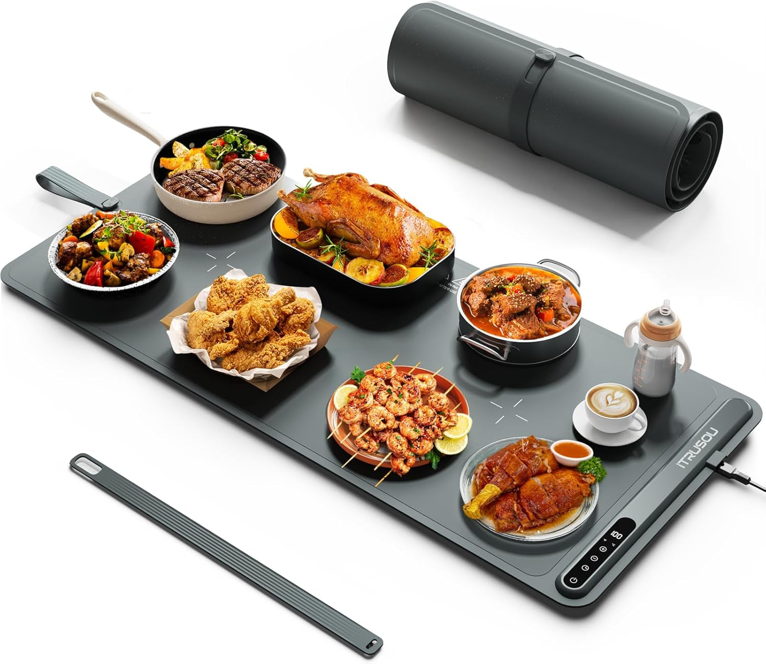 Itrusou Electric Warming Tray for Food, Portable Roll-Up Silicone Heating Mat, Full Surface Even Heating, XL Large 35 X 16 Inch Food Warmer for Parties, Buffet & Home Use