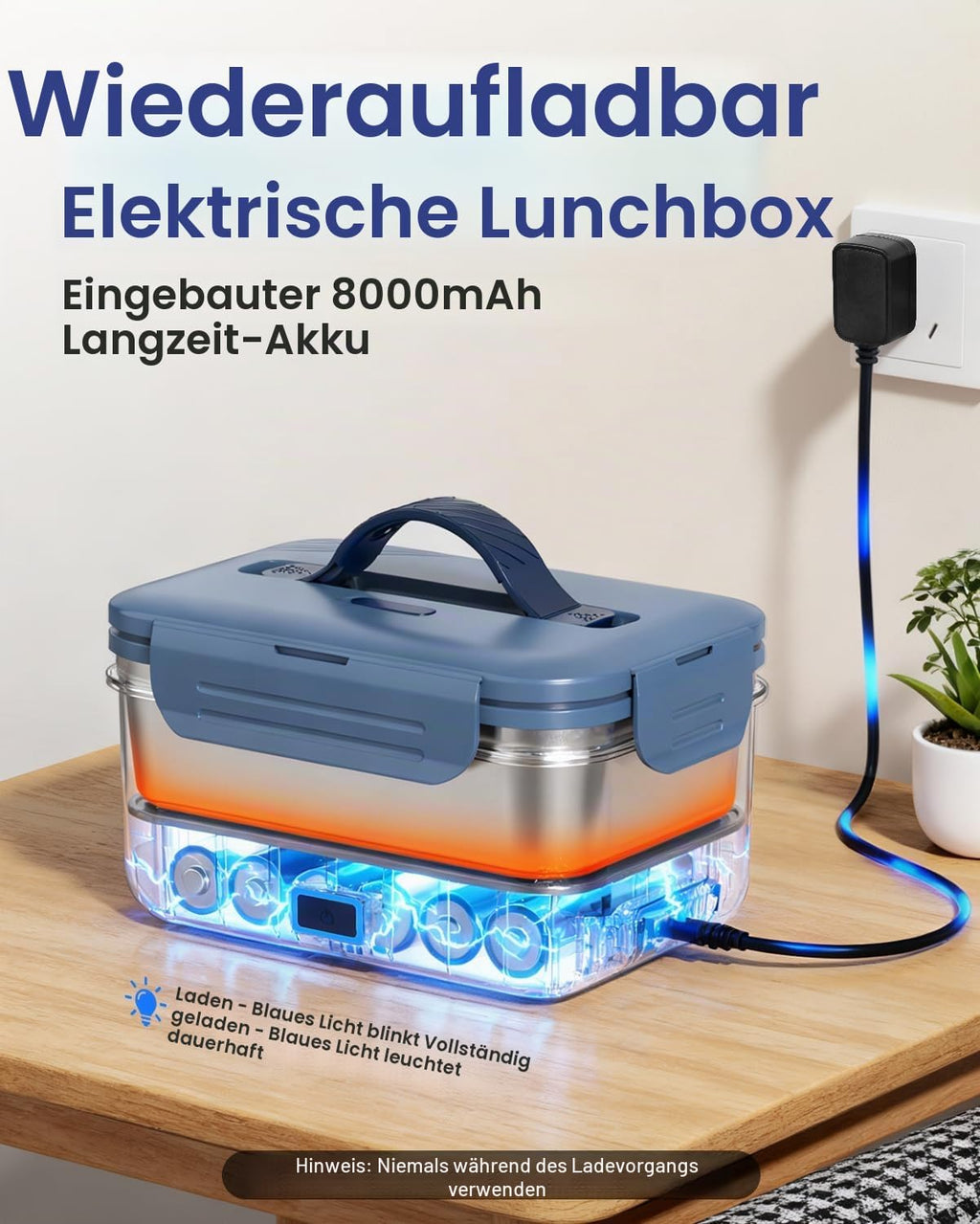 1,8L Elektrische Lunchbox Kabellos, 8000Mah Wiederaufladbare Batterie Heated Lunch Box, 75W Schnellaufhezung & Warmhaltefunktion,Selbstaufwärmende Lebensmittelwärmer Für Auto,Lkw,Büro,Camping,Outdoor