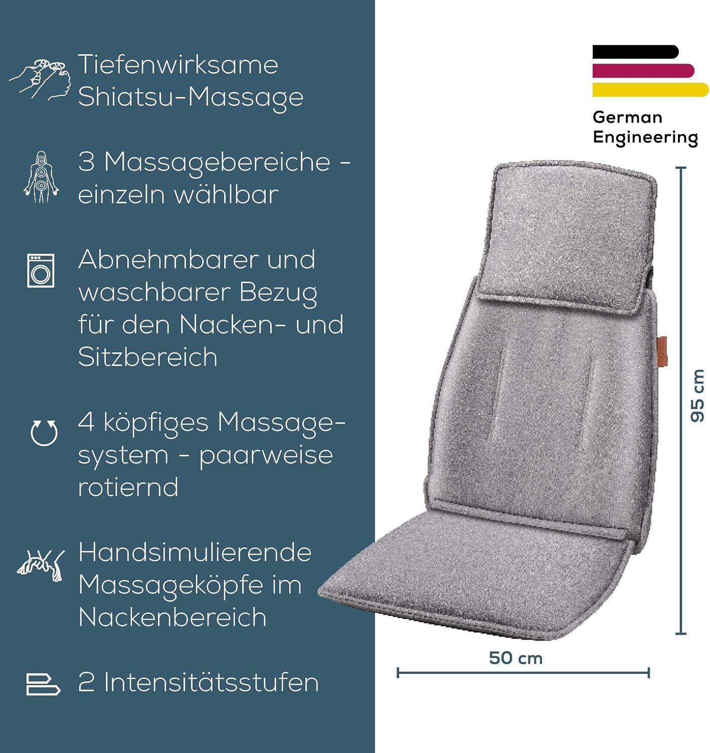 Beurer MG 330 Shiatsu-Massagesitzauflage, 3 Massagebereiche Und 2 Intensitäten, Tiefenwirksame Massage Für Nacken, Oberen Und Unteren Rücken, Handsimulierende Massage Im Nackenbereich, Grau