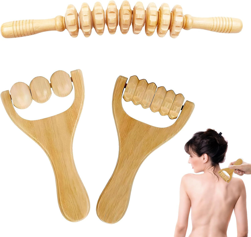 Massageroller Holz, 3 Stück Faszienrolle Holz