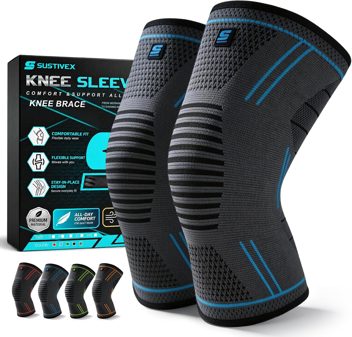 2Er Set Kniebandage Für Männer/Damen, Atmungsaktiv Rutschfest-Xl
